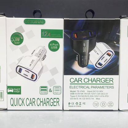 P49 53W PD20W Type-C + USB 4-port Car Charger with USB to Micro USB Data Cable(White) - Car Charger by buy2fix | Online Shopping UK | buy2fix