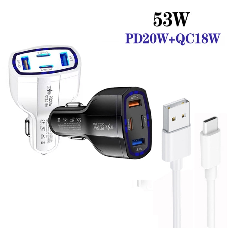 P49 53W PD20W Type-C + USB 4-port Car Charger with USB to Type-C Data Cable(White) - Car Charger by buy2fix | Online Shopping UK | buy2fix