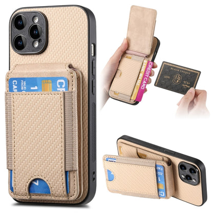 For iPhone 15 Pro Max Carbon Fiber Vertical Flip Wallet Stand Phone Case(Khaki) - iPhone 15 Pro Max Cases by buy2fix | Online Shopping UK | buy2fix
