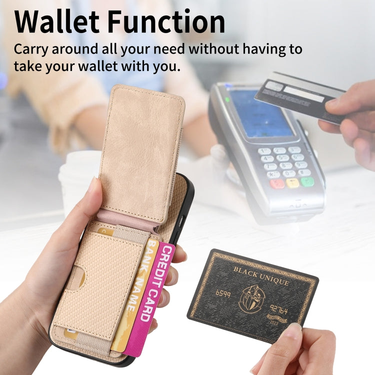 For iPhone 15 Pro Max Carbon Fiber Vertical Flip Wallet Stand Phone Case(Khaki) - iPhone 15 Pro Max Cases by buy2fix | Online Shopping UK | buy2fix