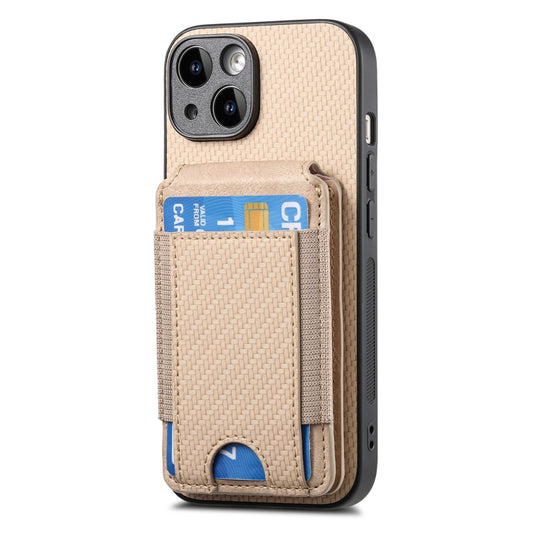 For iPhone 15 Pro Carbon Fiber Vertical Flip Wallet Stand Phone Case(Khaki) - iPhone 15 Pro Cases by buy2fix | Online Shopping UK | buy2fix