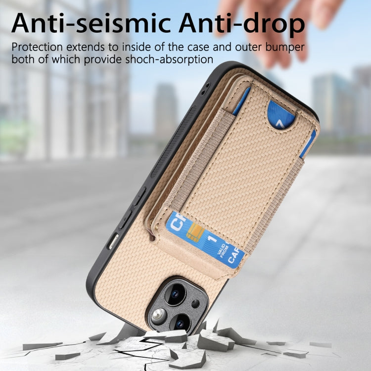 For iPhone 15 Pro Carbon Fiber Vertical Flip Wallet Stand Phone Case(Khaki) - iPhone 15 Pro Cases by buy2fix | Online Shopping UK | buy2fix