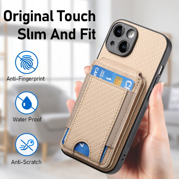 For iPhone 15 Pro Carbon Fiber Vertical Flip Wallet Stand Phone Case(Khaki) - iPhone 15 Pro Cases by buy2fix | Online Shopping UK | buy2fix