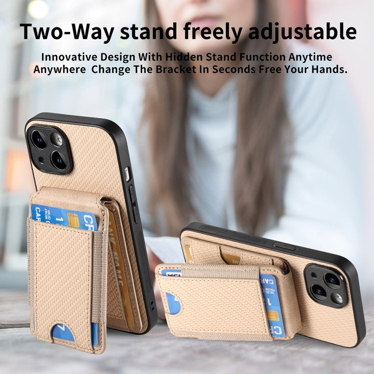 For iPhone 15 Pro Carbon Fiber Vertical Flip Wallet Stand Phone Case(Khaki) - iPhone 15 Pro Cases by buy2fix | Online Shopping UK | buy2fix