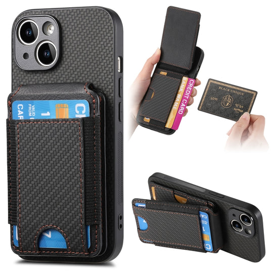 For iPhone 15 Plus Carbon Fiber Vertical Flip Wallet Stand Phone Case(Black)