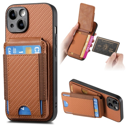 For iPhone 15 Carbon Fiber Vertical Flip Wallet Stand Phone Case(Brown) - iPhone 15 Cases by buy2fix | Online Shopping UK | buy2fix