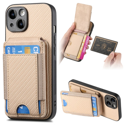 For iPhone 15 Carbon Fiber Vertical Flip Wallet Stand Phone Case(Khaki) - iPhone 15 Cases by buy2fix | Online Shopping UK | buy2fix