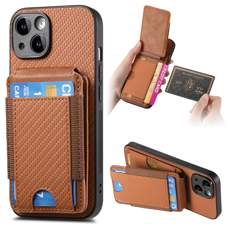 For iPhone 14 Carbon Fiber Vertical Flip Wallet Stand Phone Case(Brown) - iPhone 14 Cases by buy2fix | Online Shopping UK | buy2fix