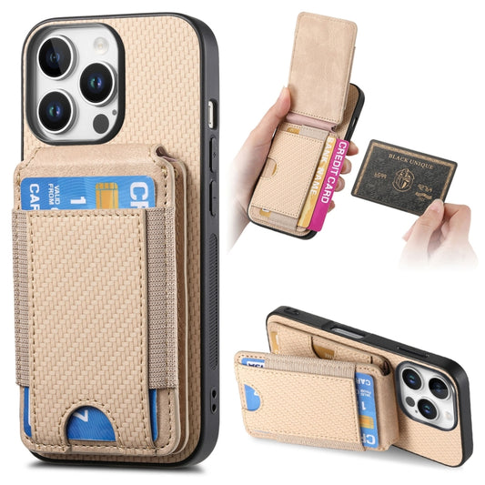 For iPhone 16 Pro Max Carbon Fiber Vertical Flip Wallet Stand Phone Case(Khaki) by buy2fix