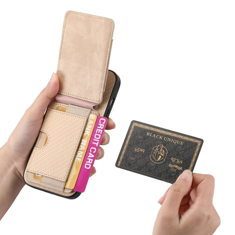 For iPhone 16 Pro Max Carbon Fiber Vertical Flip Wallet Stand Phone Case(Khaki) by buy2fix