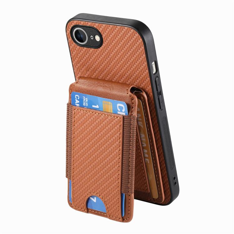 For iPhone 16e Carbon Fiber Vertical Flip Wallet Stand Phone Case(Brown) - iPhone 16e Cases by buy2fix | Online Shopping UK | buy2fix