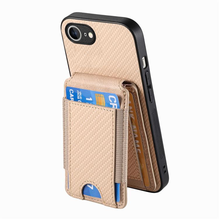 For iPhone 16e Carbon Fiber Vertical Flip Wallet Stand Phone Case(Khaki) - iPhone 16e Cases by buy2fix | Online Shopping UK | buy2fix