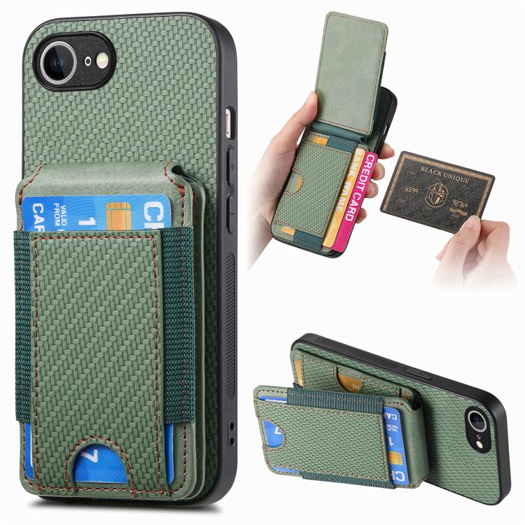 For iPhone 16e Carbon Fiber Vertical Flip Wallet Stand Phone Case(Green) - iPhone 16e Cases by buy2fix | Online Shopping UK | buy2fix