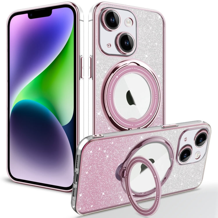 For iPhone 14 Rotation MagSafe Holder Gradient Glitter TPU Phone Case(Pink) by buy2fix