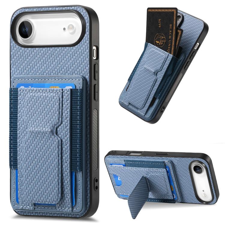 For iPhone Air Carbon Fiber Fold Stand Elastic Card Bag Phone Case(Blue) - iPhone Air Cases by buy2fix | Online Shopping UK | buy2fix