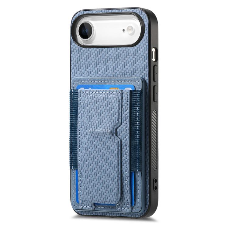 For iPhone Air Carbon Fiber Fold Stand Elastic Card Bag Phone Case(Blue) - iPhone Air Cases by buy2fix | Online Shopping UK | buy2fix