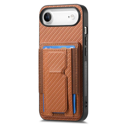 For iPhone Air Carbon Fiber Fold Stand Elastic Card Bag Phone Case(Brown) - iPhone Air Cases by buy2fix | Online Shopping UK | buy2fix