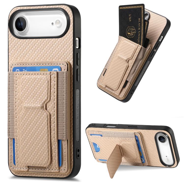 For iPhone Air Carbon Fiber Fold Stand Elastic Card Bag Phone Case(Khaki) - iPhone Air Cases by buy2fix | Online Shopping UK | buy2fix