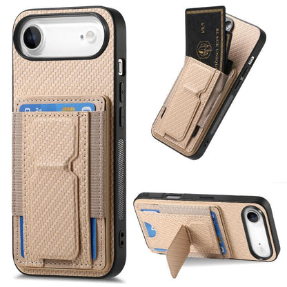 For iPhone Air Carbon Fiber Fold Stand Elastic Card Bag Phone Case(Khaki) - iPhone Air Cases by buy2fix | Online Shopping UK | buy2fix