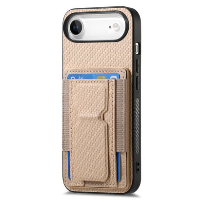 For iPhone Air Carbon Fiber Fold Stand Elastic Card Bag Phone Case(Khaki) - iPhone Air Cases by buy2fix | Online Shopping UK | buy2fix
