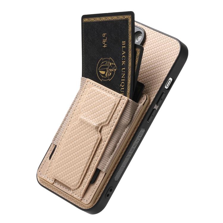 For iPhone Air Carbon Fiber Fold Stand Elastic Card Bag Phone Case(Khaki) - iPhone Air Cases by buy2fix | Online Shopping UK | buy2fix