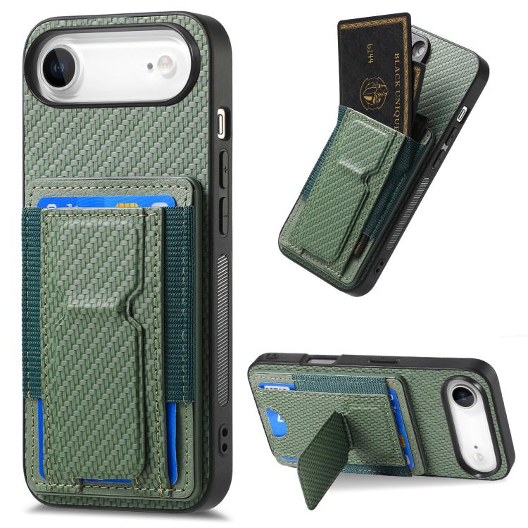 For iPhone Air Carbon Fiber Fold Stand Elastic Card Bag Phone Case(Green) - iPhone Air Cases by buy2fix | Online Shopping UK | buy2fix