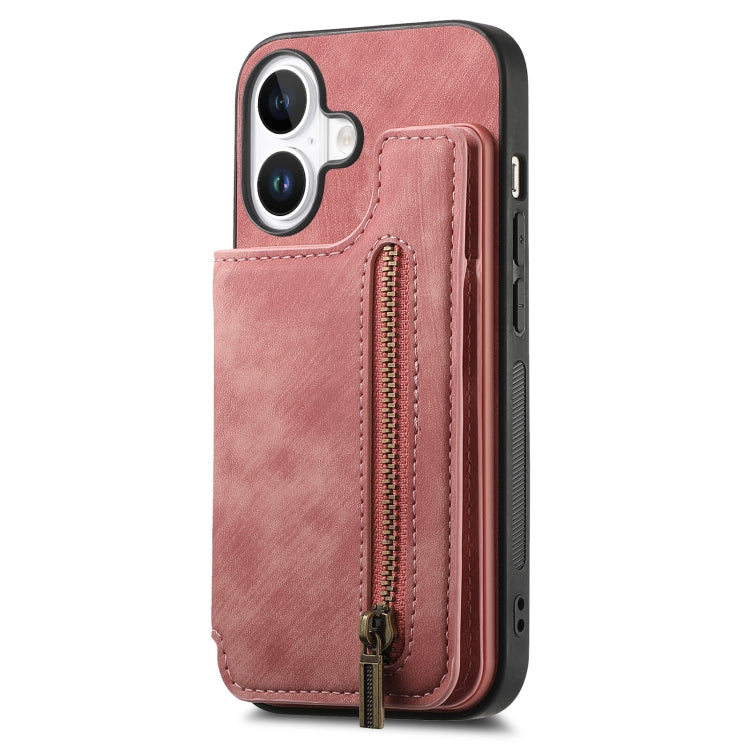 For iPhone 16 Retro Leather Zipper Wallet Back Phone Case(Pink) by buy2fix