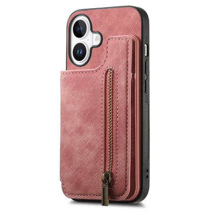 For iPhone 16 Retro Leather Zipper Wallet Back Phone Case(Pink) by buy2fix