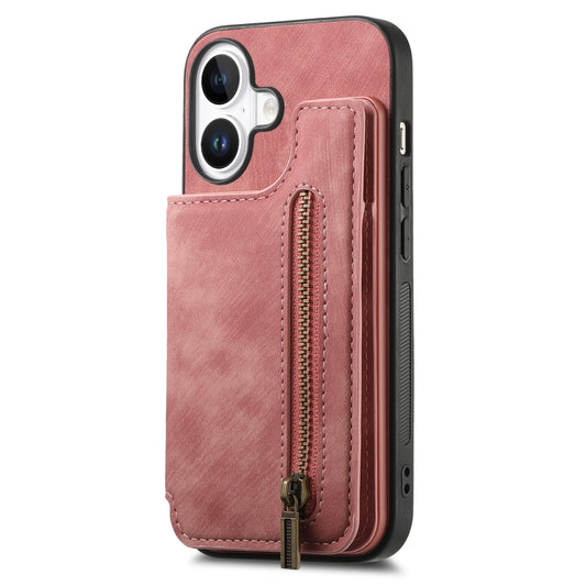 For iPhone 16 Retro Leather Zipper Wallet Back Phone Case(Pink) by buy2fix