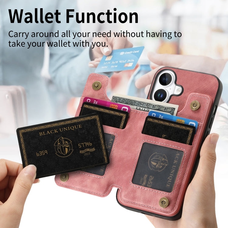 For iPhone 16 Retro Leather Zipper Wallet Back Phone Case(Pink) by buy2fix