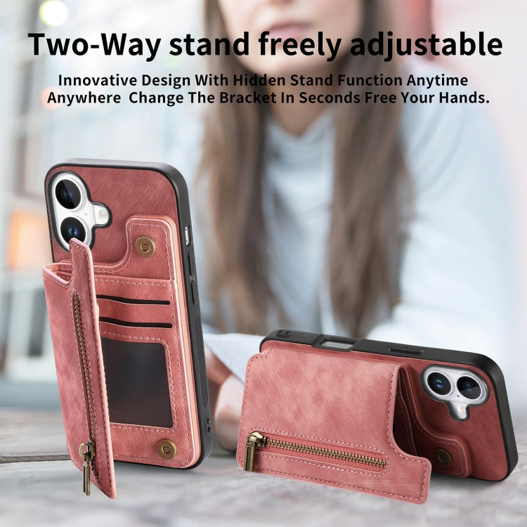 For iPhone 16 Retro Leather Zipper Wallet Back Phone Case(Pink) by buy2fix
