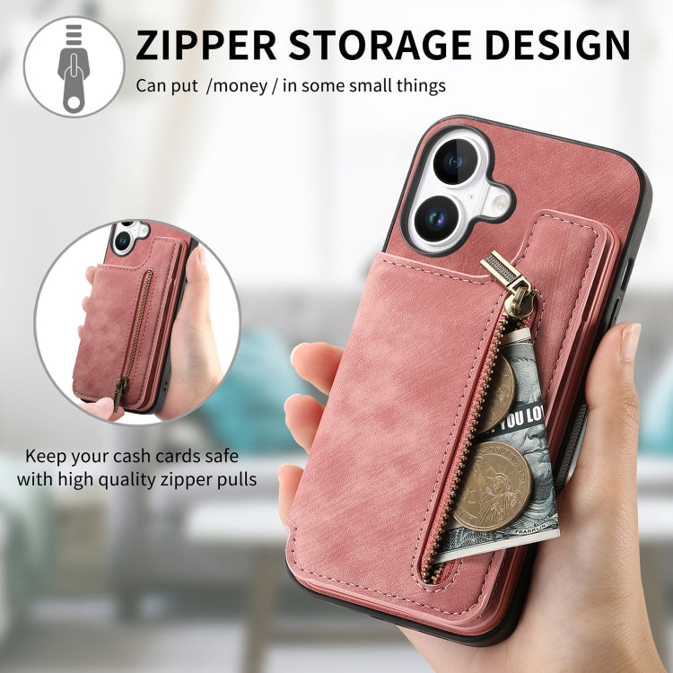 For iPhone 16 Retro Leather Zipper Wallet Back Phone Case(Pink) by buy2fix