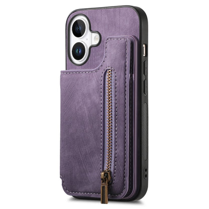 For iPhone 16 Retro Leather Zipper Wallet Back Phone Case(Purple) by buy2fix