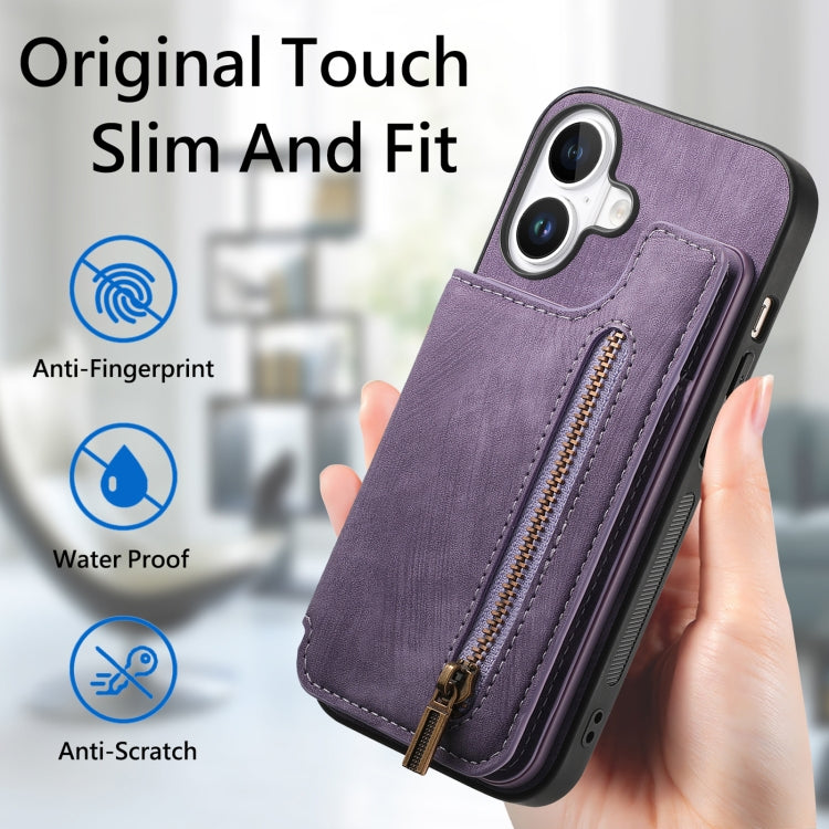 For iPhone 16 Retro Leather Zipper Wallet Back Phone Case(Purple) by buy2fix