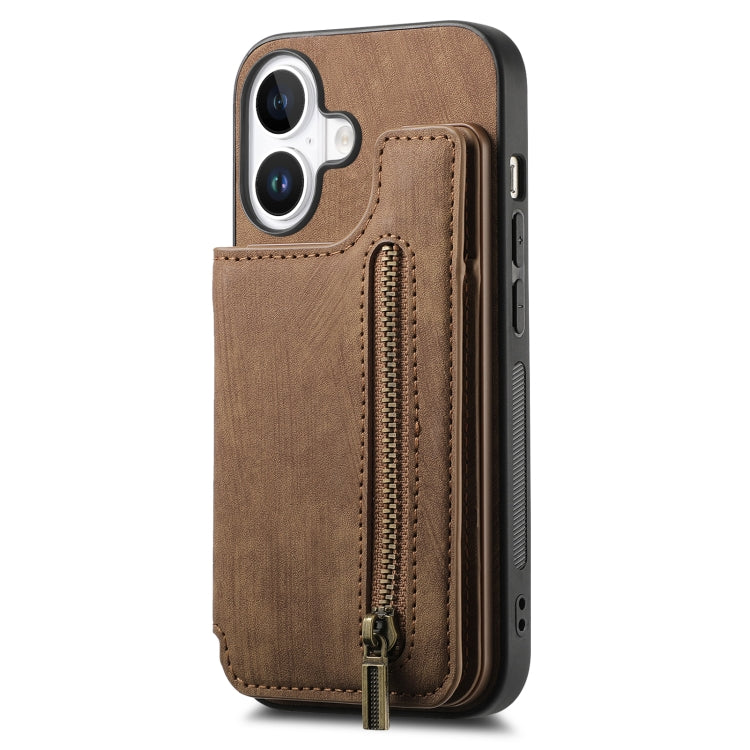 For iPhone 16 Retro Leather Zipper Wallet Back Phone Case(Brown) by buy2fix