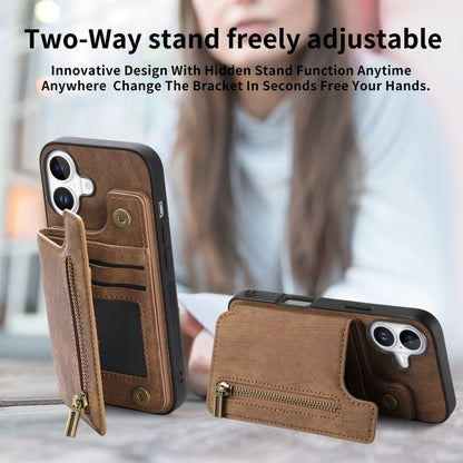 For iPhone 16 Retro Leather Zipper Wallet Back Phone Case(Brown) by buy2fix