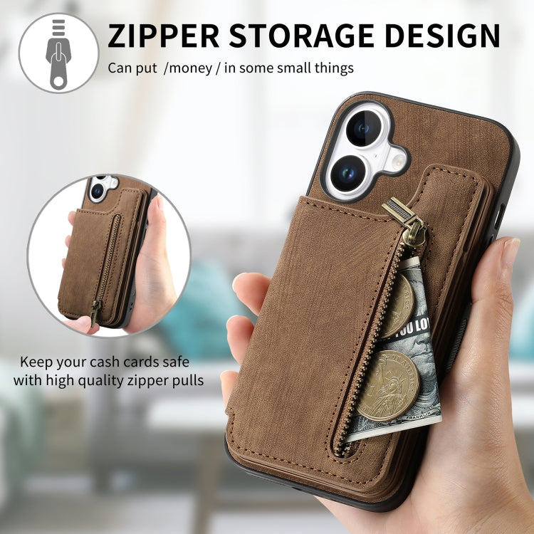 For iPhone 16 Retro Leather Zipper Wallet Back Phone Case(Brown) by buy2fix
