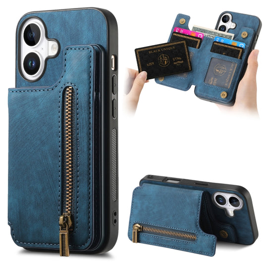 For iPhone 16 Retro Leather Zipper Wallet Back Phone Case(Blue) by buy2fix