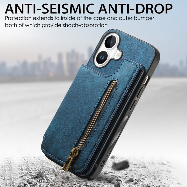 For iPhone 16 Retro Leather Zipper Wallet Back Phone Case(Blue) by buy2fix