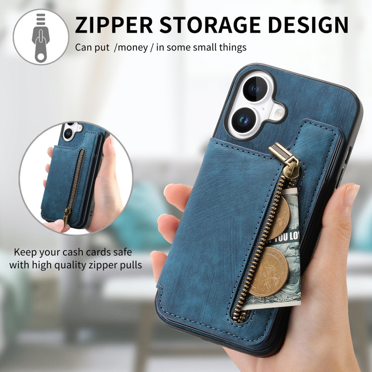 For iPhone 16 Retro Leather Zipper Wallet Back Phone Case(Blue) by buy2fix