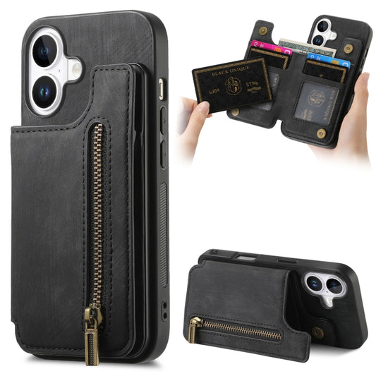 For iPhone 16 Retro Leather Zipper Wallet Back Phone Case(Black) by buy2fix