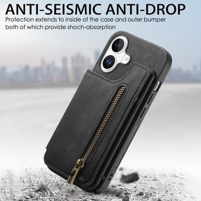 For iPhone 16 Retro Leather Zipper Wallet Back Phone Case(Black) by buy2fix