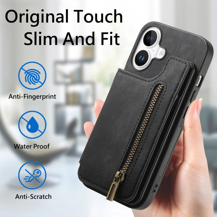 For iPhone 16 Retro Leather Zipper Wallet Back Phone Case(Black) by buy2fix