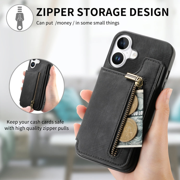 For iPhone 16 Retro Leather Zipper Wallet Back Phone Case(Black) by buy2fix