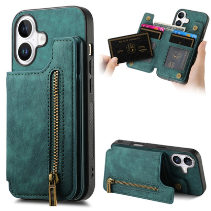 For iPhone 16 Retro Leather Zipper Wallet Back Phone Case(Green) by buy2fix