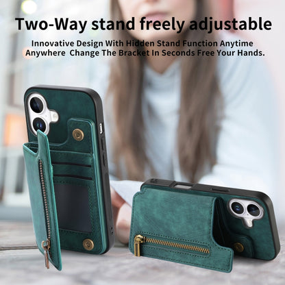 For iPhone 16 Retro Leather Zipper Wallet Back Phone Case(Green) by buy2fix