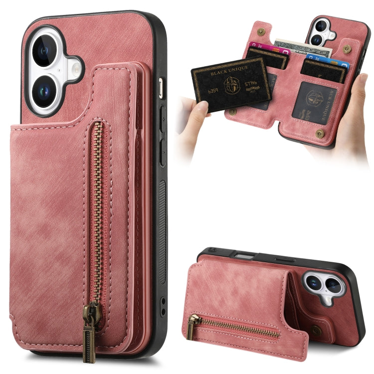 For iPhone 16 Plus Retro Leather Zipper Wallet Back Phone Case(Pink) by buy2fix