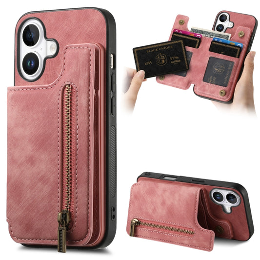 For iPhone 16 Plus Retro Leather Zipper Wallet Back Phone Case(Pink) by buy2fix