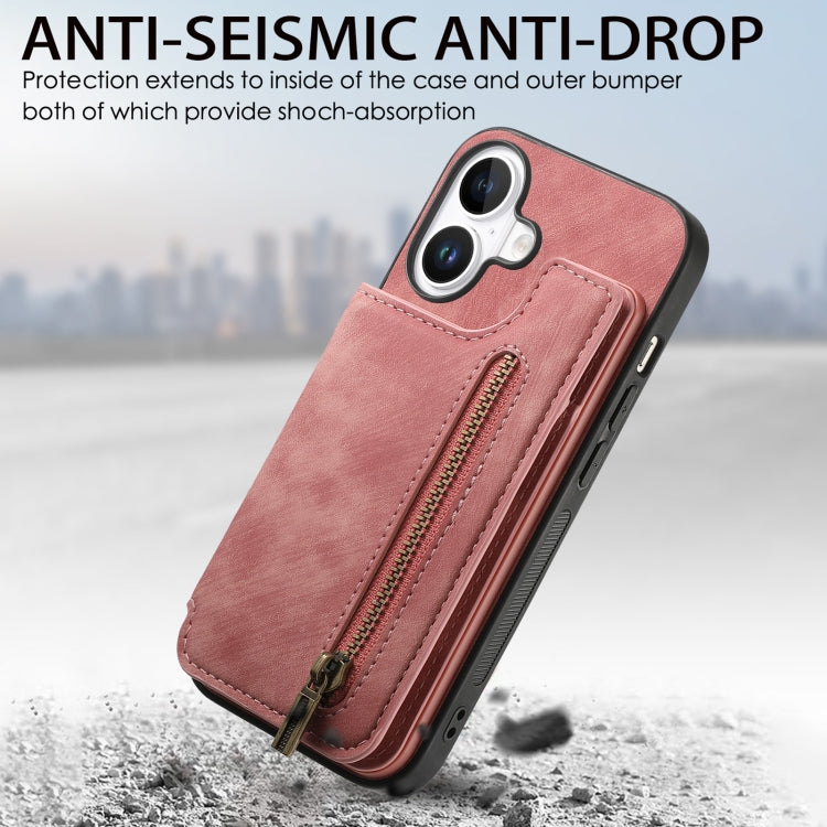 For iPhone 16 Plus Retro Leather Zipper Wallet Back Phone Case(Pink) by buy2fix