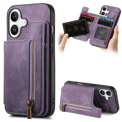 For iPhone 16 Plus Retro Leather Zipper Wallet Back Phone Case(Purple) by buy2fix